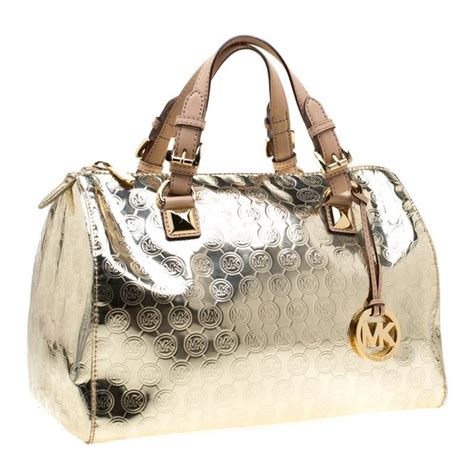 michael kors gold metallic mirror monogram grayson satchel handbag|Michael Kors large satchel purse.